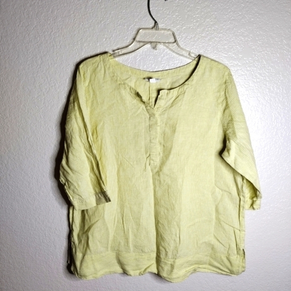 J. Jill Yellow Striped Love Linen Pullover Button Spring Summer Top sz M petite - Picture 1 of 7